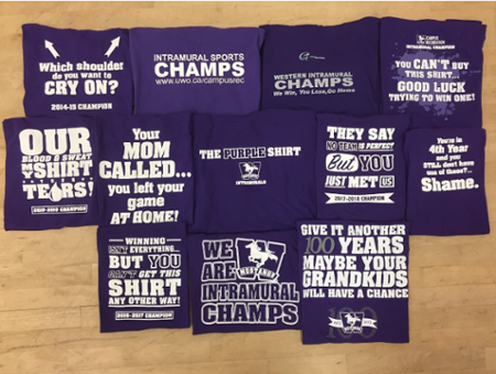 A selection of Campus Recreation "purple shirts".